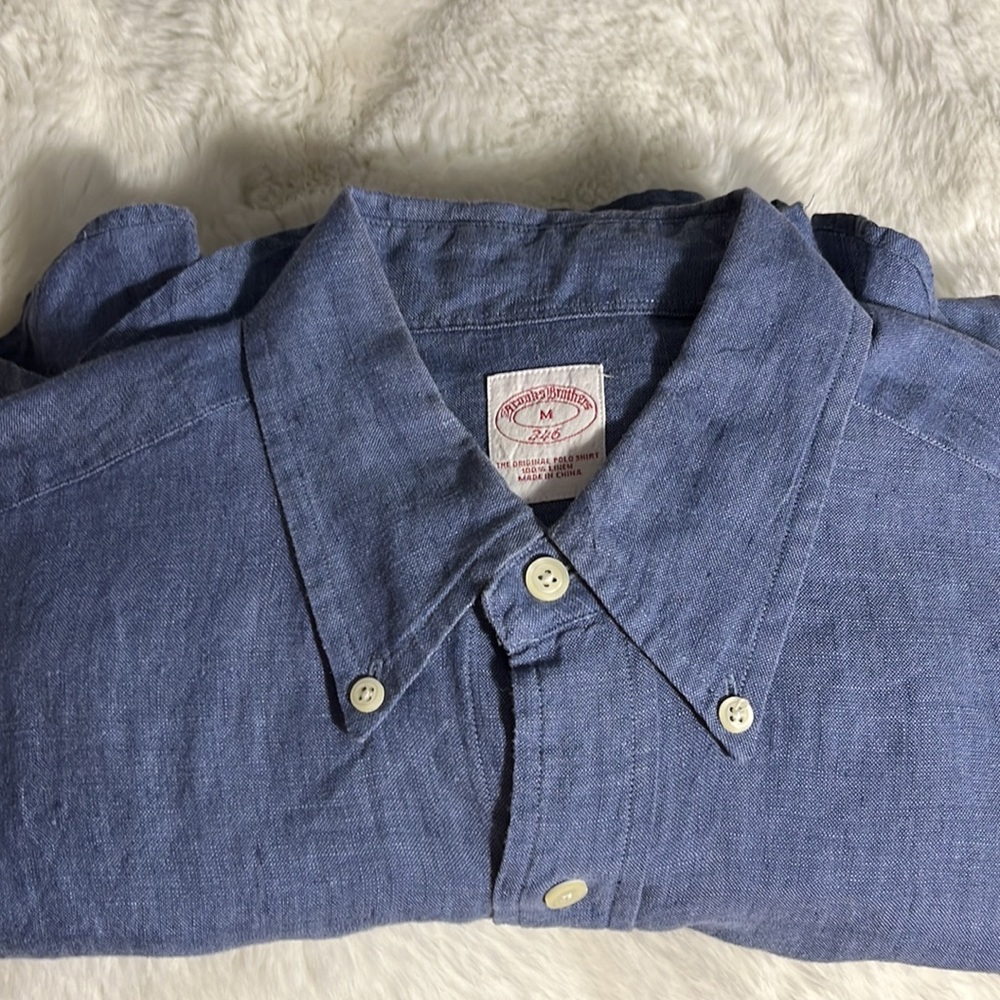 BROOKS BROTHERS 346 size med 💯 linen blue shirt